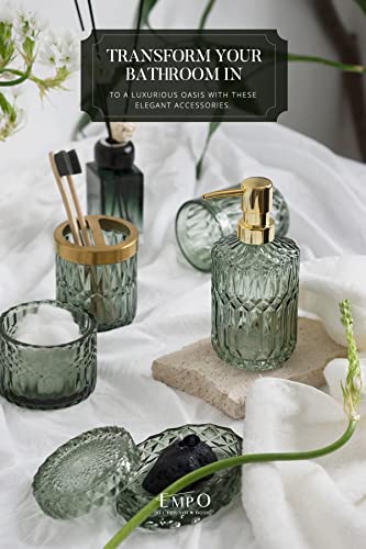 EMPO 6-Piece Green Glass Bathroom Accessories Set - Soap Dispenser, Toothbrush Holder, Soap Dish, Tumbler & Cotton Swab Jar