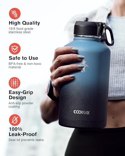 Coolflask Samurai Cyan 64oz Insulated Water Bottle with Straw & 3 Leakproof Lids