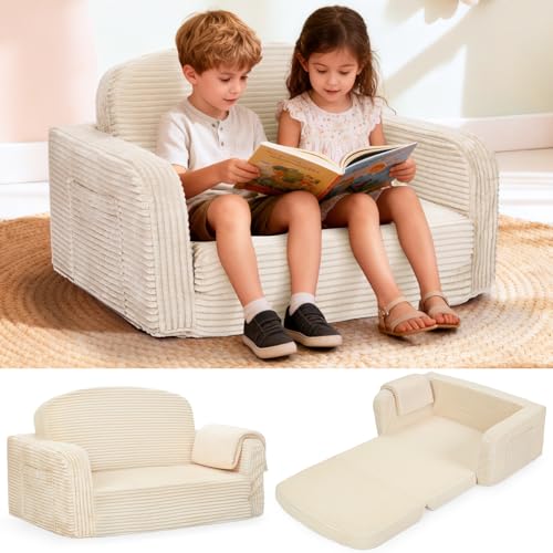 Cream 2-in-1 Convertible Toddler Sofa Chair with Blanket - Foryoomi Kids Couch