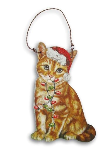 Christmas Crafts Ginger Orange Cat Wood Ornament - 4.5 in Hanging Christmas Ornament