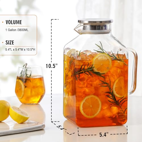 1 Gallon Square Glass Pitcher with Lid and Spout, Borosilicate Carafe