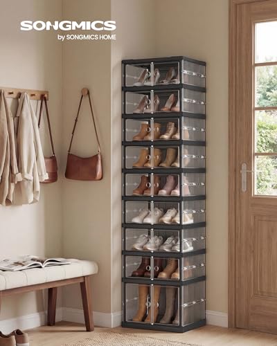SONGMICS Foldable Shoe Storage Organizer 9-Tier Transparent + Ink Black, Holds 18 Pairs