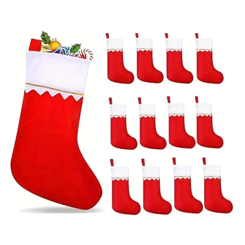 Christmas Stockings Set of 12, 14" Red & White Felt Christmas Stockings with Gold Trim for Hanging Xmas Home Decor