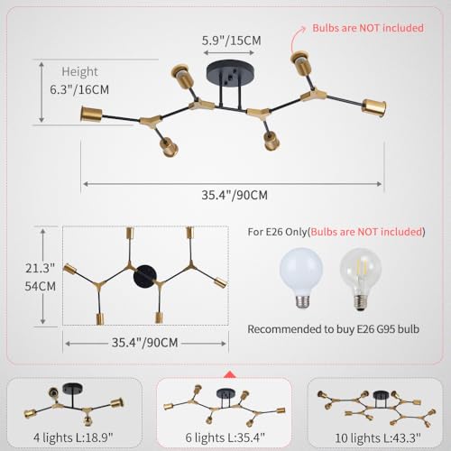 Gold and Black Sputnik Semi Flush Ceiling Light Fixture - 6 Light Variation