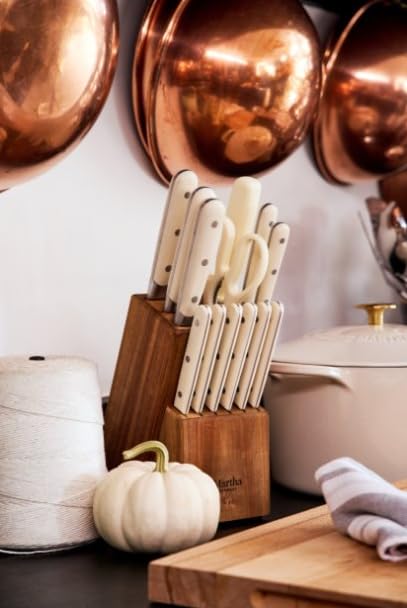 High Carbon Stainless Steel Knife Set with Acacia Wood Block - Linen White, 14 Pieces - Knife Block Set