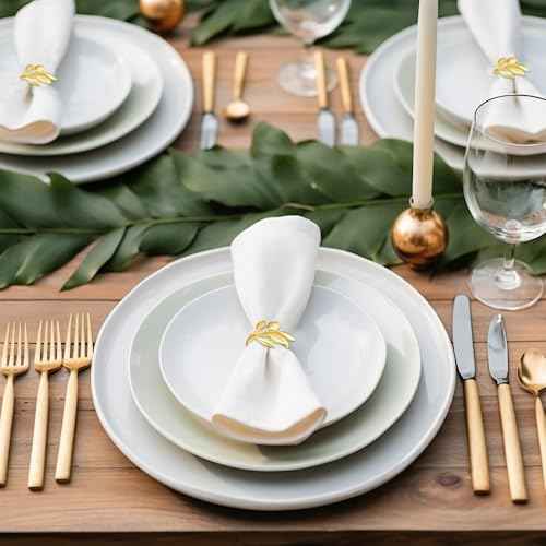 Napkin Rings Set of 12 - Gold Semicircle Metal Leaf Fall Thanksgiving Christmas Napkin Rings, Napkin Holder for Thanksgiving Dinner Table Decor Wedding Kitchen Banquet Holiday Everyday Party