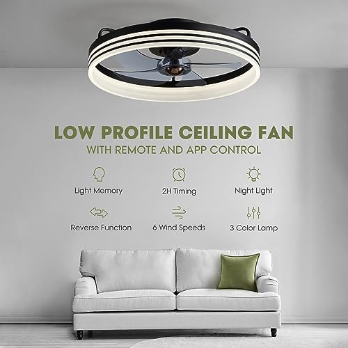 LUDOMIDE 20-inch Black Ceiling Fan with Light, 6-Speed Reversible Low Profile Fan for Bedroom & Living Room - Variation Black-1105