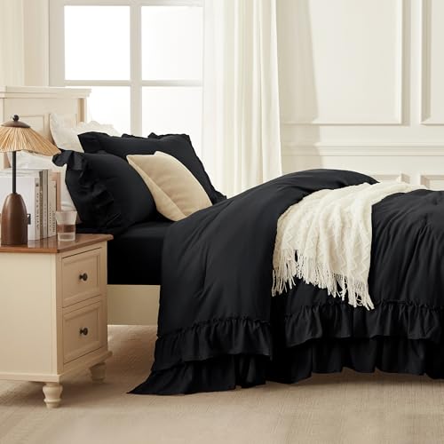 Andency Black King Ruffle Comforter Set - 3 Piece Solid Bedding with Pillowcases