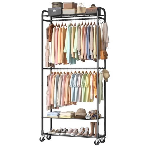 Portable 3-Tier Clothes Rack with Adjustable Shelves and Wheels - Black / Multi