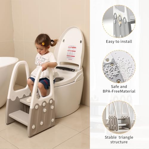 Gray Two Step Stool with Handrails for Toddler & Kids, Learning Tower for Bathroom & Potty Training