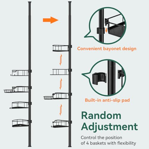 Corner Shower Caddy Tension Pole - 4 Tier Rustproof Bathroom Organizer - Black / Fan-Shape