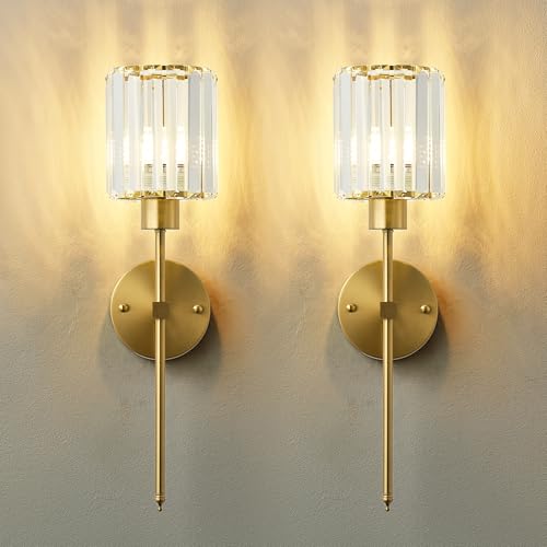 Brass Wall Sconce Set of 2 with Cylindrical Crystal Shade - Dimmable LED, 20.1 Inch