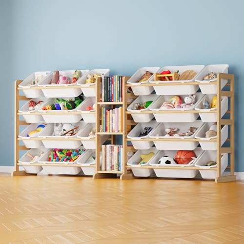 SpaceAid 74W Large Toy Storage Organizer with 24 Bins & 3 Shelves, White Kids Bookcase