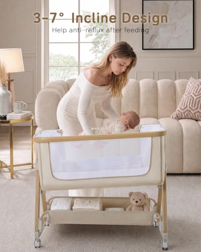 Baby Bassinet - Adjustable Bedside Sleeper with Mesh & Storage, Beige