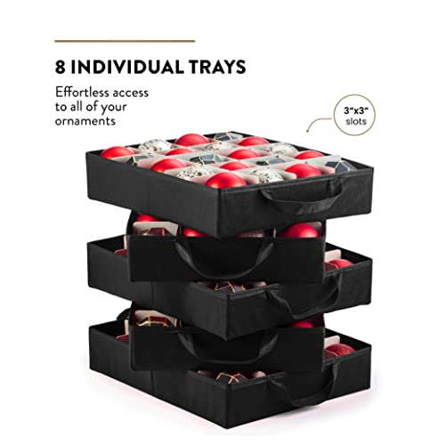 Premium 200-3" Ornaments Large Carrying Box with Clear LID, 10 Trays, Tear-Resistant 600D Oxford, Black