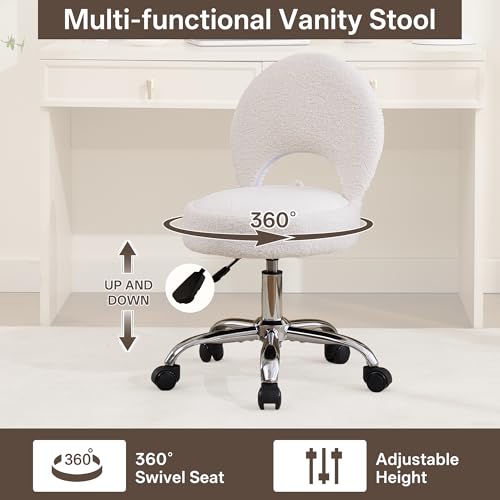 Foldable Vanity Chair with Storage - 15.8-Inch Spacious Seat, White, Adjustable & 360° Swivel