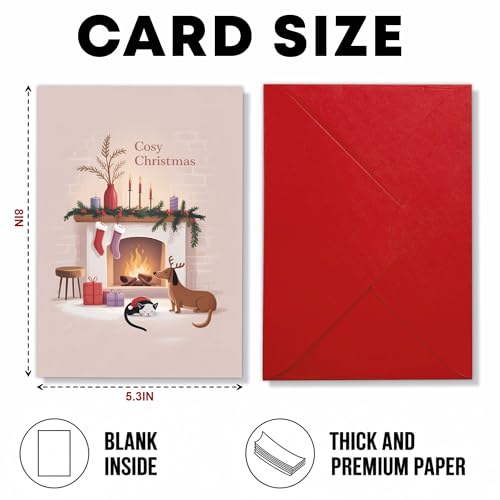 Cozy Christmas Greeting Card with Envelope - Fireplace Scene, Dog & Cat Design, Scandinavian Holiday Style, 5.3x8in