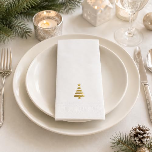Tbsone Christmas Dinner Paper Napkins - 100 Pack, Holiday Guest Towels, 3-Ply, Festive Foil Tree Design