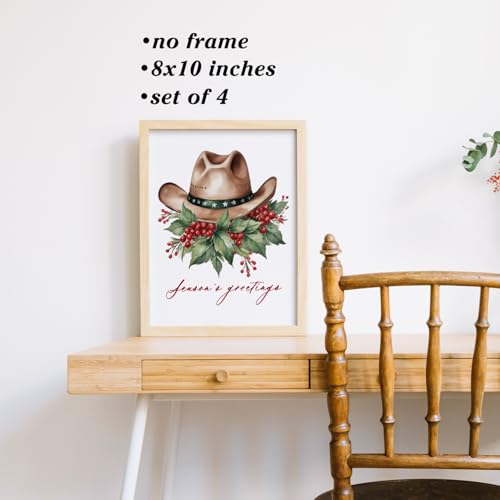 Western Santa Wall Art Prints Set of 4 - Cowboy Cowgirl Holiday Decor, Unframed 8x10