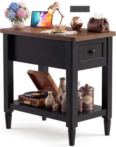 Foxemart Narrow Side Table with Charging Station, Black & Cracked Oak, 14-inch Wide