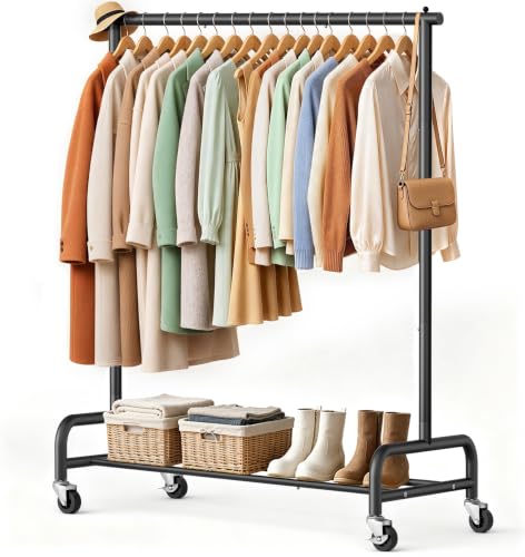 Heavy Duty Rolling Clothing Rack - 43-Inch Wide Garment Rack with Wheels, Black, Single Rod