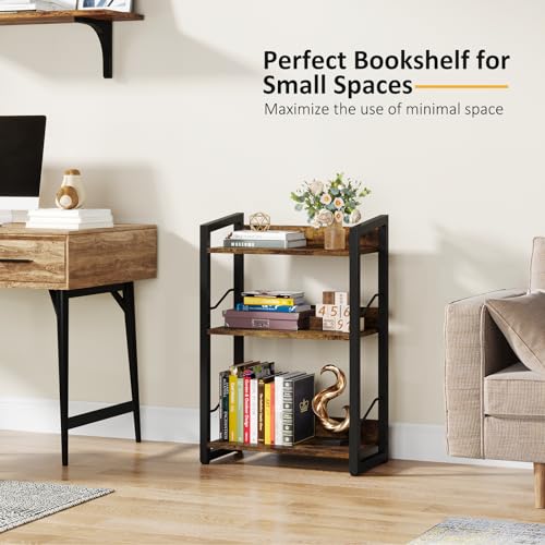 Rustic Brown 3-Tier Small Bookshelf Bookcase with Edge Protection