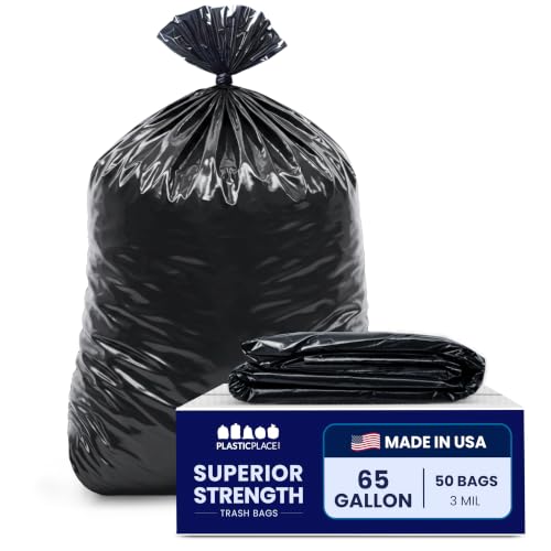 Heavy Duty 65 Gallon Trash Bags - 3 Mil Black Garbage Can Liners, 50 Count