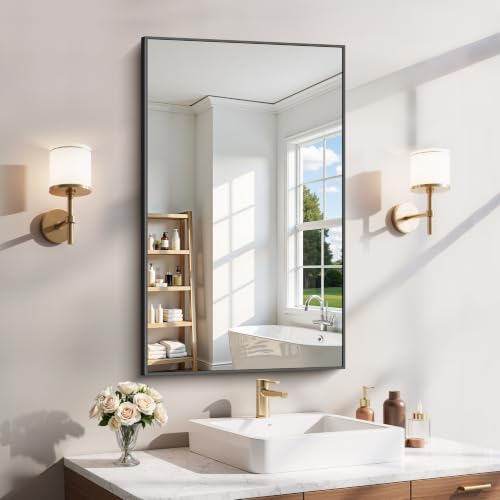 Bathroom Mirror 24x40 Inches Matte Black Rectangular Wall Mirror with Aluminum Frame - Variation: Black/40L x 24W