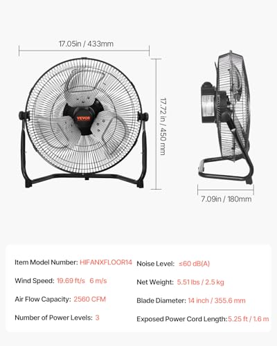 14in Heavy Duty Floor Fan - 3-Speed Industrial Metal Fan with 360° Tilt & 2560 CFM Airflow