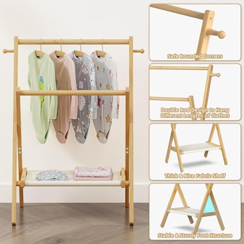 Natural Bamboo Baby & Pet Clothes Rack with Storage Shelf & Double Rods