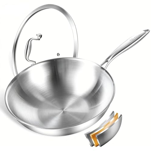 Delarlo 12-Inch Tri-Ply Stainless Steel Wok with Lid - Single Handle