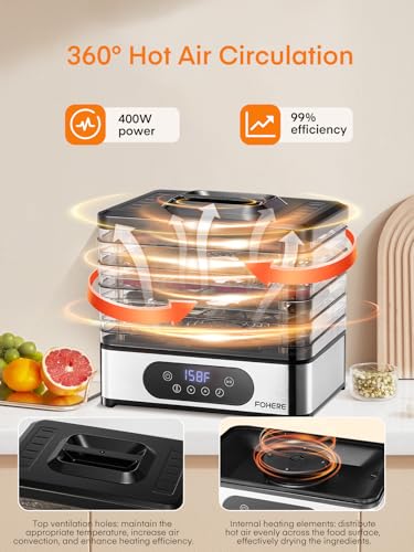 FOHERE Food Dehydrator with 5 BPA-Free Stackable Trays, Digital Control, 400W