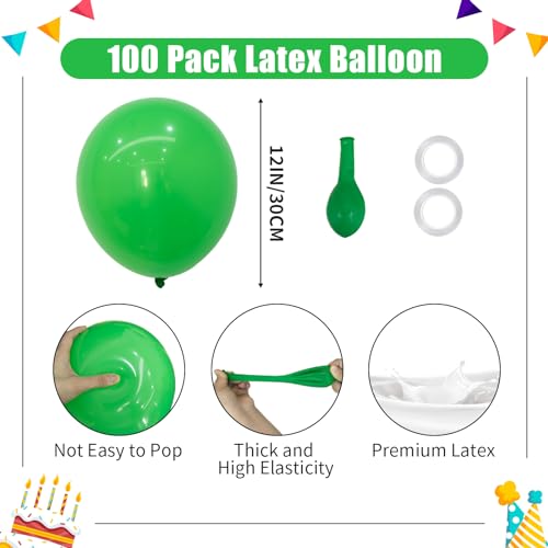 Green Balloons - 12 inch 100pcs Latex - Round Green Birthday Balloons with 2 Ribbons for Birthday, Dinosaur, Jungle, Christmas, Baby Shower Party Decorations