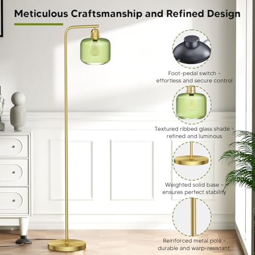 Green Ribbed Glass Floor Lamp - 66-Inch Tall Standing Lamp for Living Room - Gold Finish - Anti-Tip Base & Smart Foot Switch