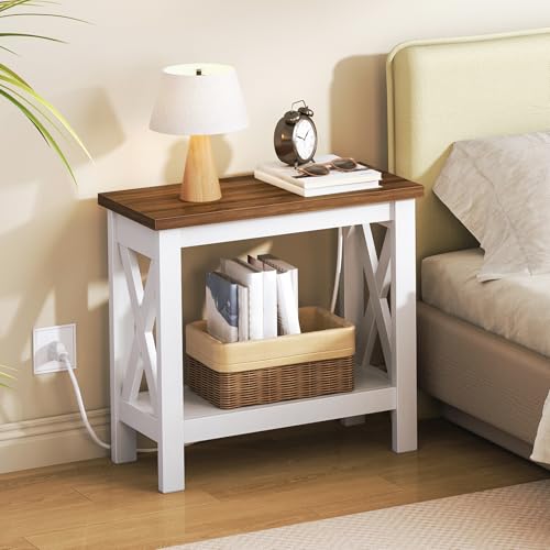 Narrow End Table with Charging Station - Farmhouse Side Table with Storage Shelves