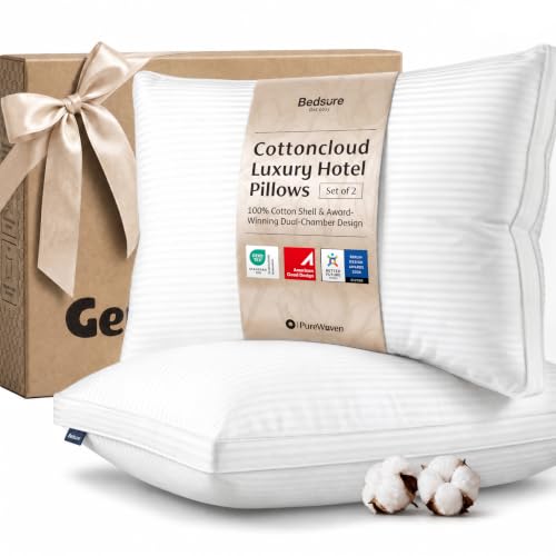 Bedsure Queen Size Hotel Pillow Set of 2 - White, 100% Cotton Shell, Supportive & Fluffy