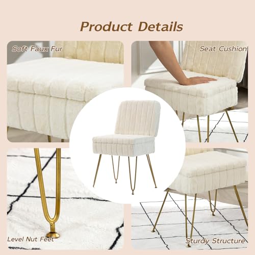 Manyday Beige Vanity Chair with Storage & Foldable Back - Soft Faux Fur Ottoman