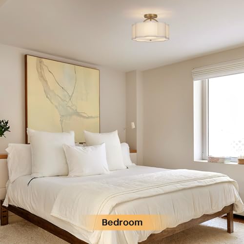 CALOKES Semi Flush Mount Ceiling Light - Scalloped White Fabric Shade & Gold Support, 11.8" Modern 3-Light Fixture for Bedroom, Kitchen, Living Room