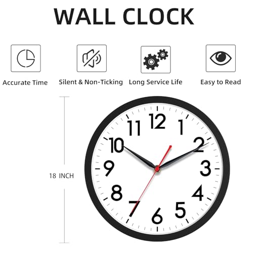 AKCISOT 18 Inch Wall Clock Black Silent Battery Operated Analog Clock - Variation: A Black / 18 Inch