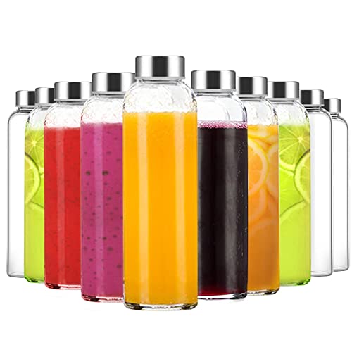 Luxfuel 10-Pack 18oz Clear Glass Water Bottles with Leak-Proof Stainless Steel Lids