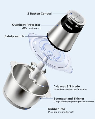Mooye Silver Food Processor with 3 Bowls & Powerful Copper Motor, Includes Meat & Vegetable Choppers