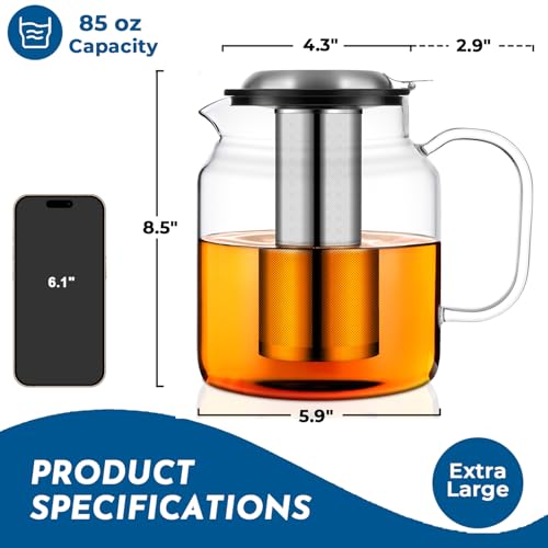 Aquach 85oz Glass Teapot with Infuser - Stovetop Safe Borosilicate Tea Kettle - Large Capacity