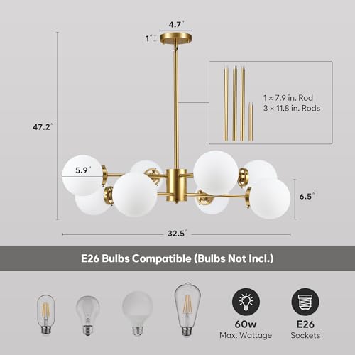 Gold 8-Light Sputnik Chandelier Frosted Glass Ceiling Light Fixture