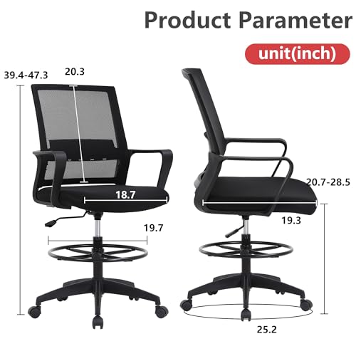 Tall Drafting Chair with Lumbar Support - Black Ergonomic Office Stool