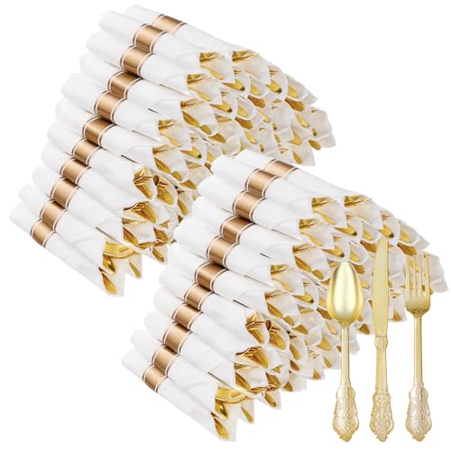 Gold Plastic Silverware Set with 100 Pre-Rolled Napkins - Vintage Design, Heavy Duty, Disposable for Parties & Weddings - Gold / 100