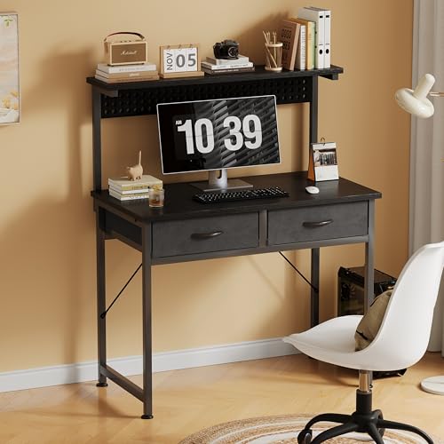 MUTUN 31 Inch Black Computer Desk with Drawers, Adjustable Monitor Stand & LED Light