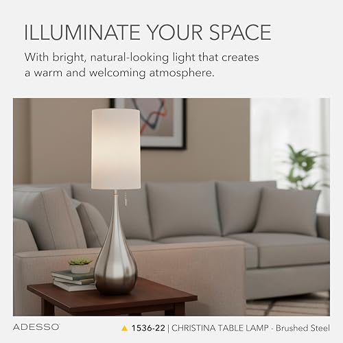 Adesso Brushed Steel Table Lamp with White Fabric Shade - Modern Accent Lamp, 34.5" Tall - Table Lamp