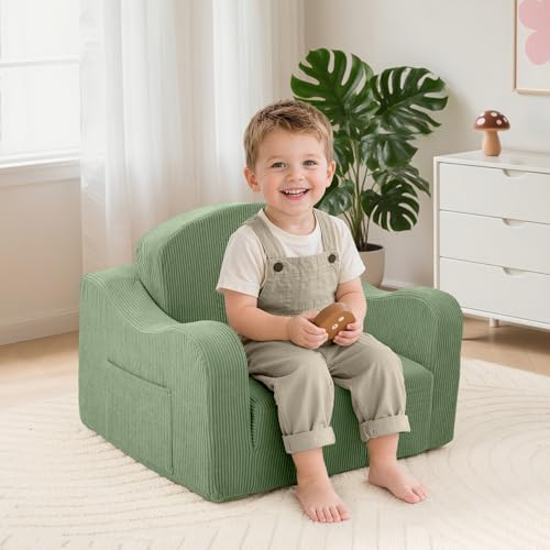 Airpanda Kids Sofa Chair 2-in-1 Fold-Out Foam Couch, Green Corduroy – Toddler Kids' Play & Reading Seat