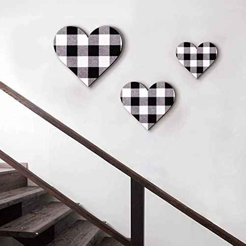 Jetec 3 Pcs Heart Shaped Wood Sign Gray Purple Buffalo Plaid Christmas Wall Decor Farmhouse Rustic Wooden Heart Hanging Wall Sign for Kitchen Bedroom Bathroom Living Room Gift, 3 Sizes