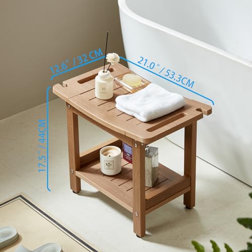 JemKelly Brown Heavy Duty Shower Bench 500LB Waterproof Poly Lumber Seat with Storage & Handrails